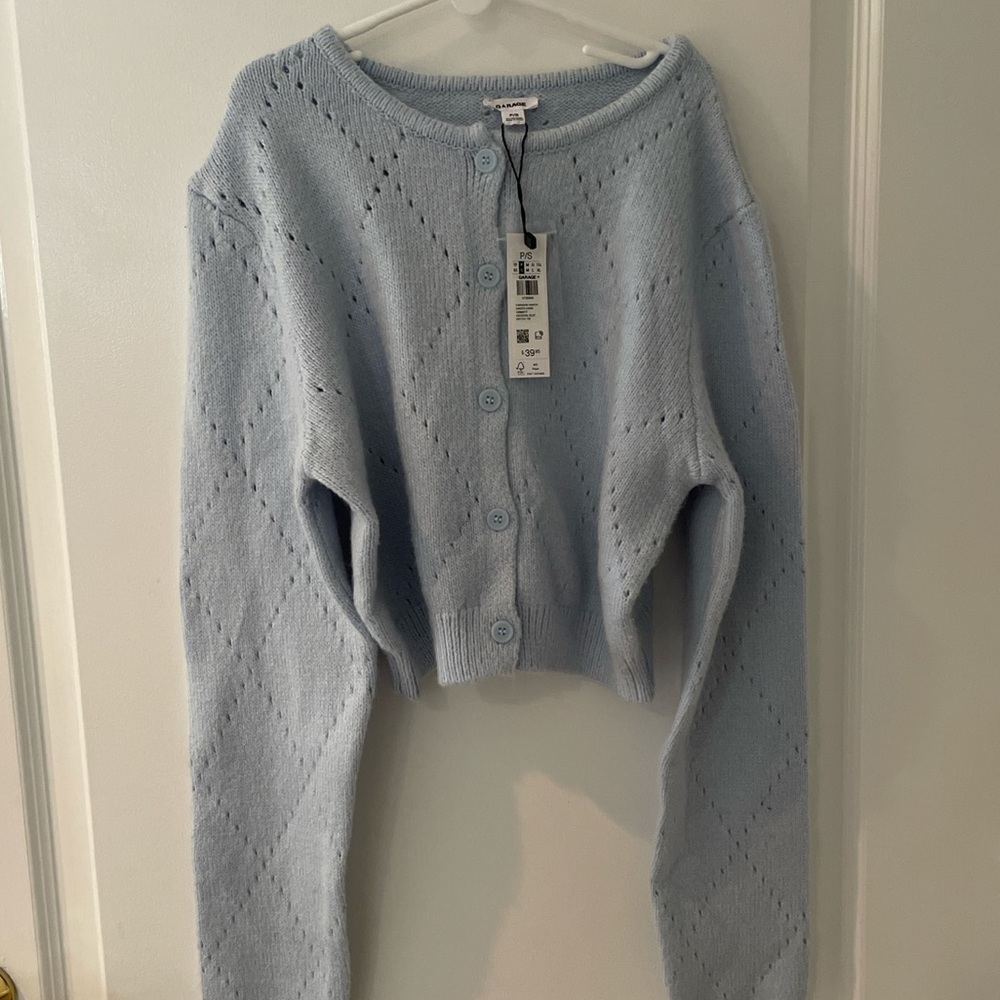 Garage Light Blue Open-Knit Button Front Cropped Cardigan